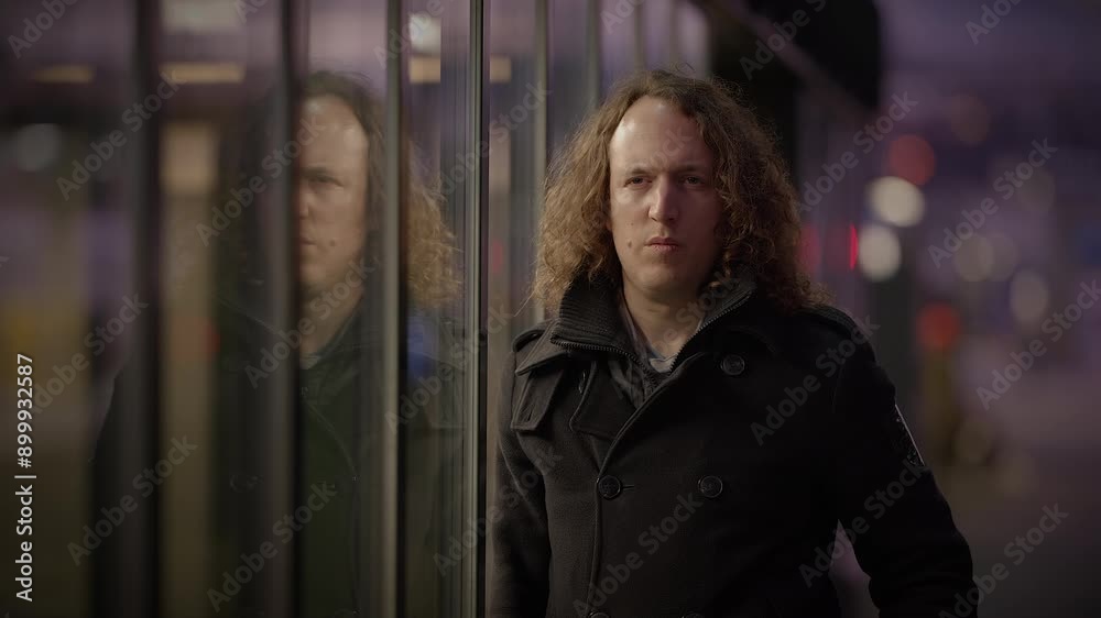 A young man with curly hair in a winter coat looks at his reflection on a glass surface A young man with curly hair in a winter coat looks at his reflection on a glass surface