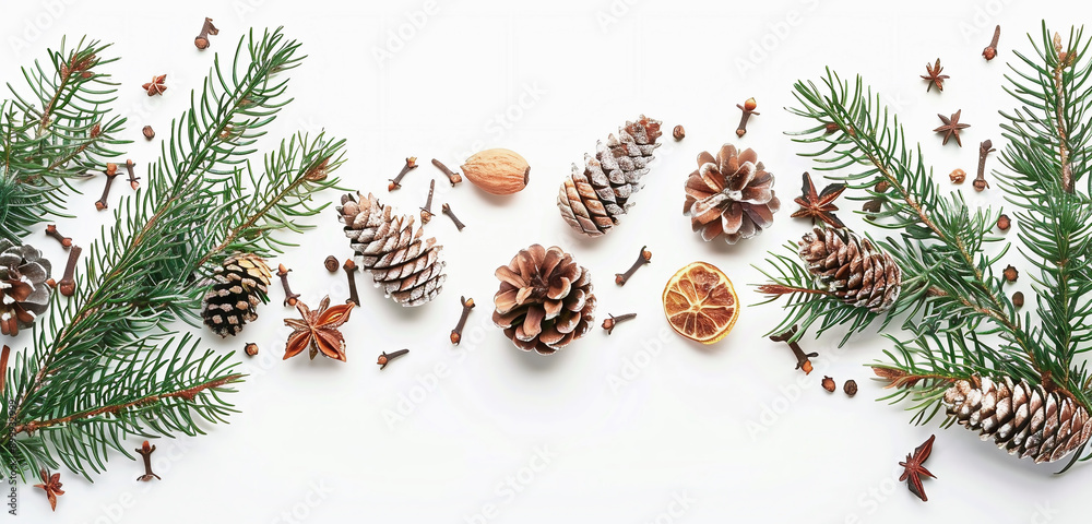 Pine cones, spruce branches, dried forest fruits and spices with a place for an inscription on a white, plain background Pine cones, spruce branches, dried forest fruits and spices with a place for an inscription on a white, plain background