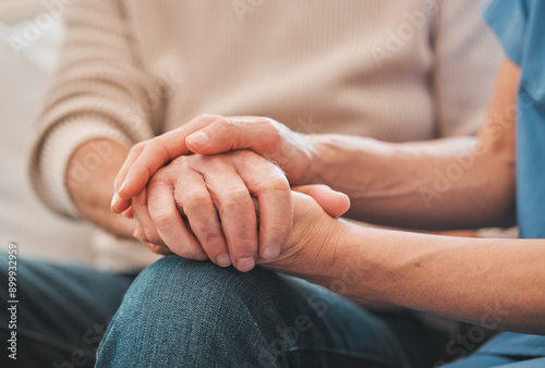 Holding hands, support and nurse with patient for medical diagnosis at consultation with comfort. Healthcare, empathy and caregiver with person for compassion, kindness or hope with bad news. photo