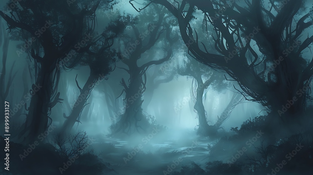 Fototapeta premium Create an ethereal forest scene with fog, where tree silhouettes emerge mysteriously.
