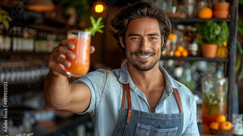 A telephoto angle photo of a handsome man holding up a glass of smoothie to the camera, proud of his healthy creation, with copy space