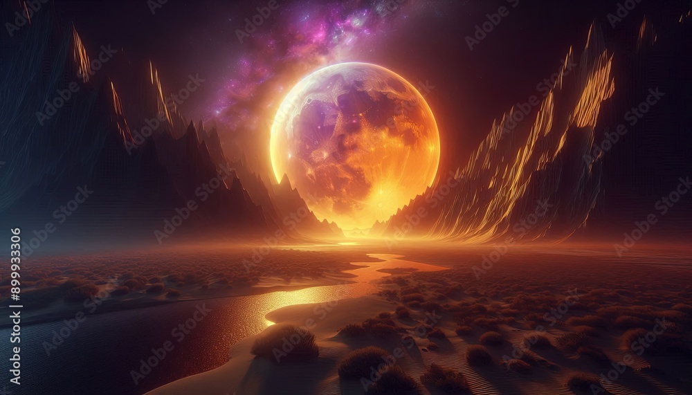 A futuristic image with a large, shining orange and yellow moon in the background, appearing on the surface between two rocky mountain peaks. In the foreground there is a shallow river and a desert wi