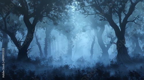 Create an ethereal forest scene with fog, where tree silhouettes emerge mysteriously.