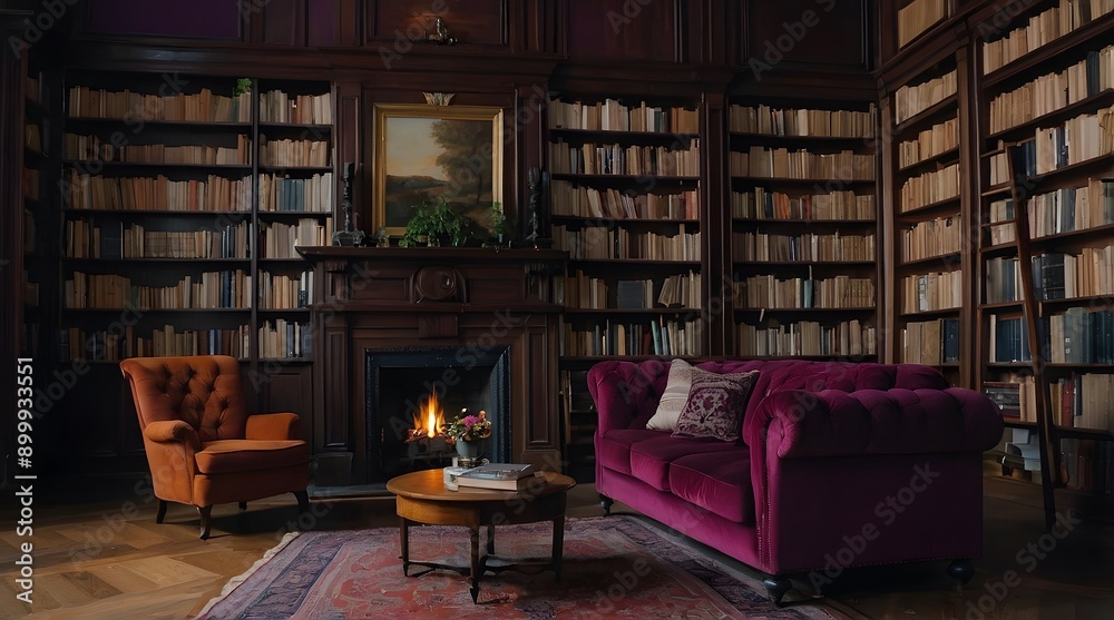 a warm and cozy home library, a royal purple sofa in front of the library, a cozy and cozy atmosphere, pots with large and attractive leaves a warm and cozy home library, a royal purple sofa in front of the library, a cozy and cozy atmosphere, pots with large and attractive leaves