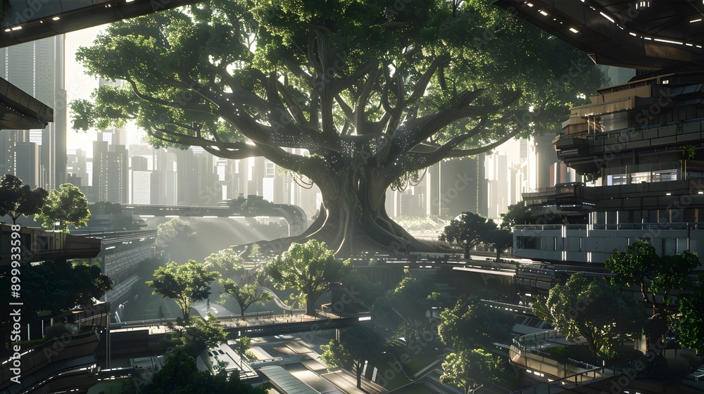 Obraz premium A stunning cityscape featuring a massive tree amidst tall buildings bathed in morning light