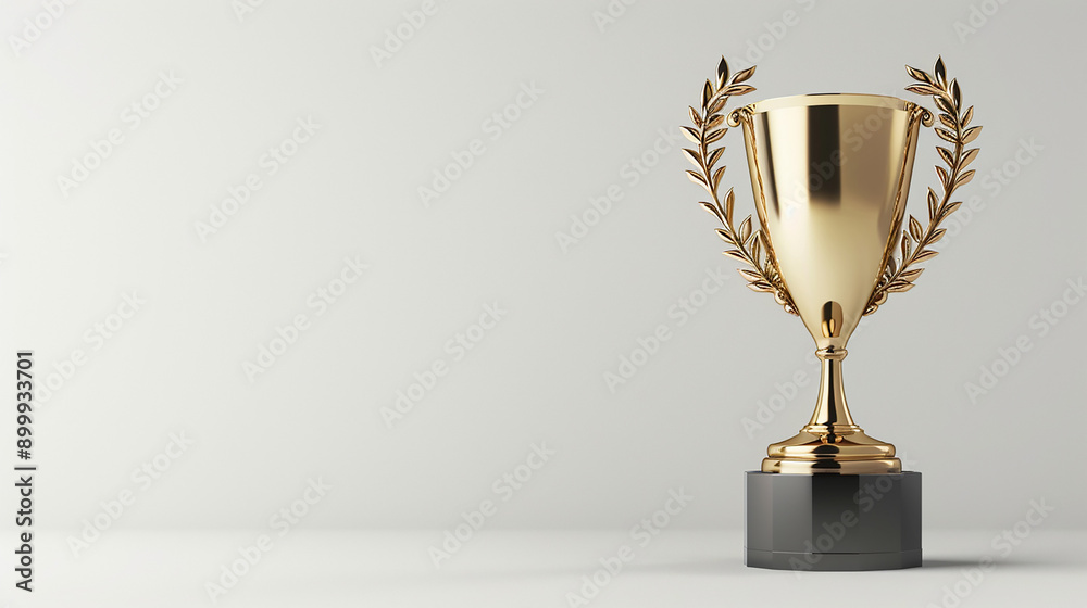 A golden trophy with laurel leaves on a black base, placed on a plain background with ample space for text, symbolizing victory and achievement. A golden trophy with laurel leaves on a black base, placed on a plain background with ample space for text, symbolizing victory and achievement.