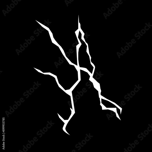 White ground crack or lightning, land surface and breaks from earthquake isolated on black background. Light fractures, fissure in ground, crevices from disaster or drought vector illustration.