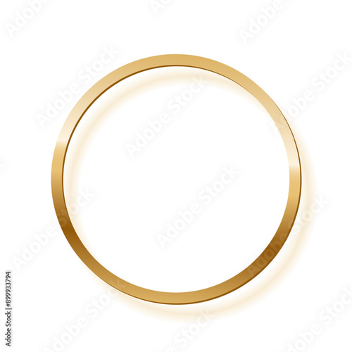 Golden round photo frame on white background. Gold circle button. Blank space for picture, painting, card. 3d realistic empty template vector illustration. Simple object mockup.