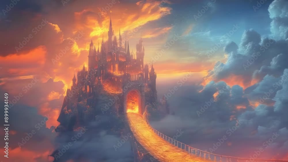 A majestic castle surrounded by fiery clouds with a glowing bridge ...