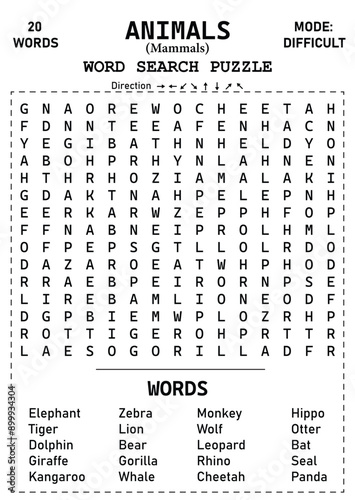 Exciting and Challenging 15x15 Animal Word Search Puzzle Featuring Mammals A Perfect Brain Teaser for Kids, Teens, and Adults to Test Their Skills and Enhance Their Vocabulary