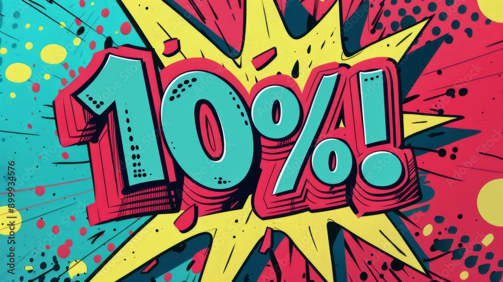 Retro comic book style sale sign with 10% off discount message, vibrant pop art design Retro comic book style sale sign with 10% off discount message, vibrant pop art design