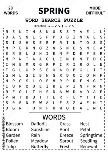Challenging Spring Word Search Puzzle for Kids, Teens, and Adults 15x15 Grid Fun and Engaging Activity for All Ages to Enjoy Spring Themes and Vocabulary