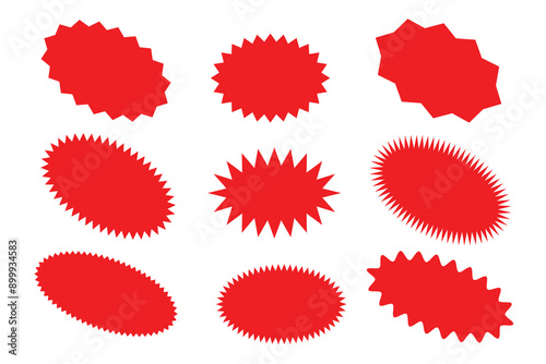red Starburst sticker set - collection of special offer sale round and oval sunburst labels and buttons. Stickers and badges with star edges for promo advertising.