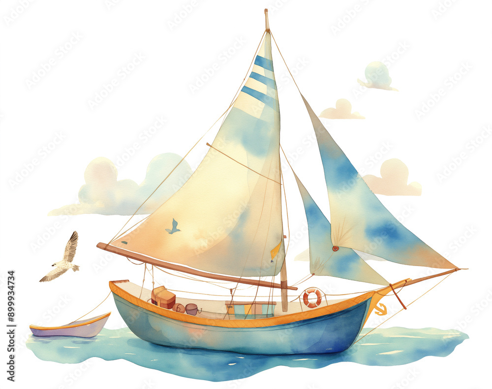 Watercolor illustration of sea sailboat on white Watercolor illustration of sea sailboat on white