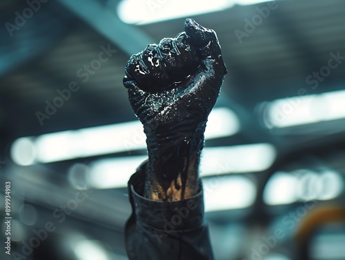 Workera??s hand covered in black oil, raised fist, modern factory setting, hyper realistic photography, bokeh effect. photo