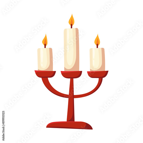 Vector drawing of a triple candlestick with burning candles. Candlesticks for interior decoration. Candlestick and candle. Halloween elements in flat vector style, isolated on white background