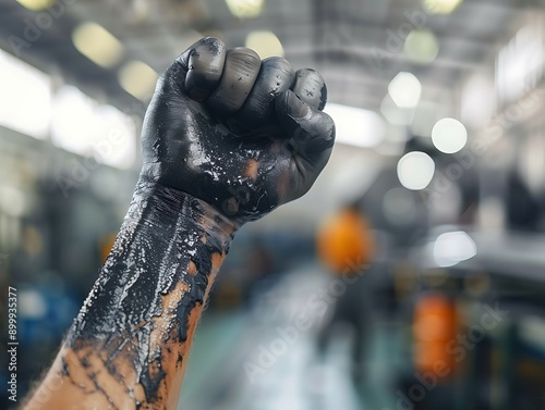 Workera??s hand covered in black oil, fist raised in modern factory, blurry background, hyper realistic, bokeh effect. photo