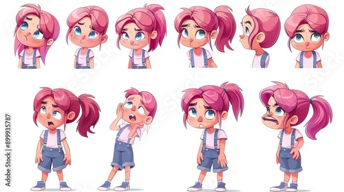 Cartoon Girl Expressions Set with Pink Hair photo