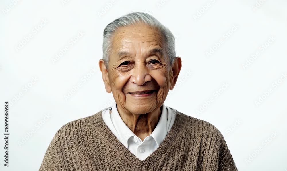 portrait of a confident 100-year-old elderly Mexican man wearing a chic cardigan against a white background