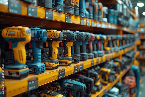 An eye-catching display of assorted electric drills in various colors and brands on a neatly organized shelf in a hardware store, showcasing the tools in perfect alignment ready for purchase. photo