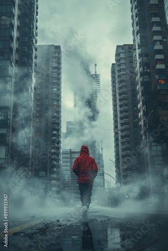 Wallpaper Mural Urban runner in red jacket jogging on rainy road towards foggy city skyline Torontodigital.ca