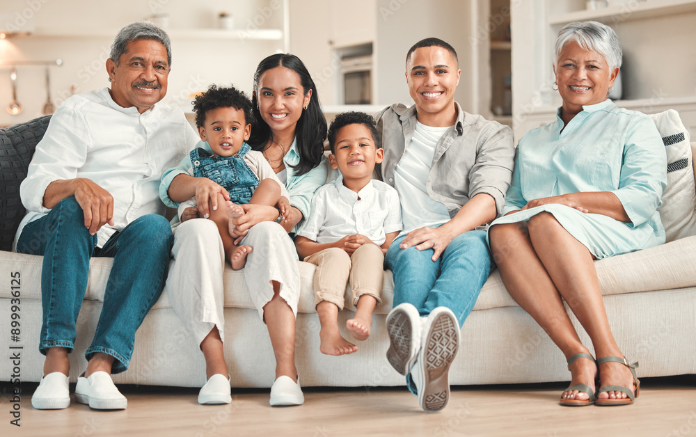 Generations, family and happy in home at living room on portrait for fun, support and care. People, visit and smile on sofa for bonding with siblings for childcare or child development on break Generations, family and happy in home at living room on portrait for fun, support and care. People, visit and smile on sofa for bonding with siblings for childcare or child development on break