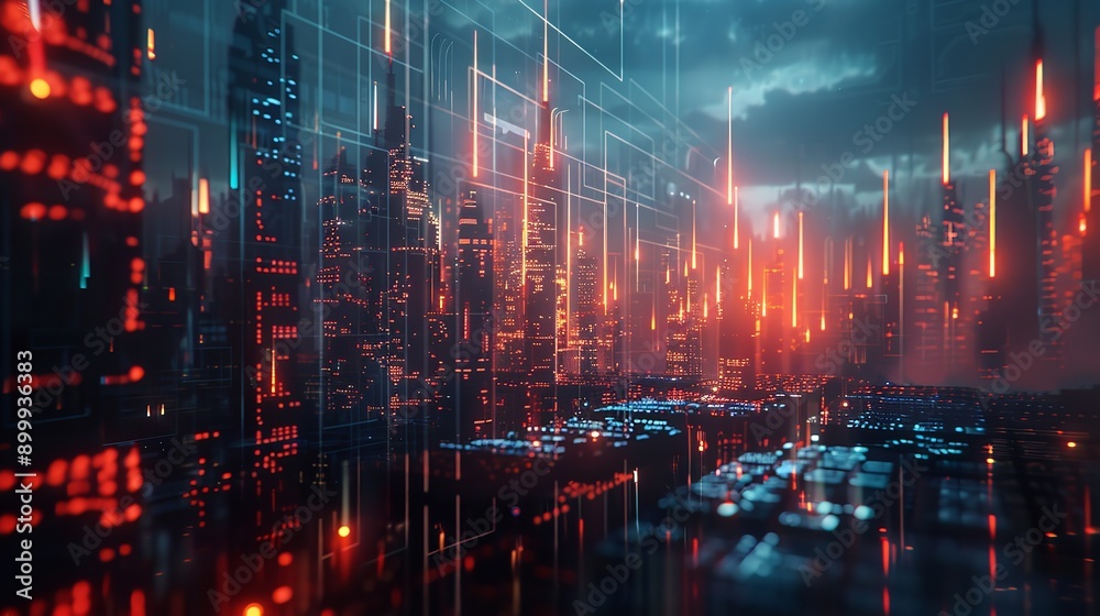 Fototapeta premium Abstract futuristic technology abstract background with lines for network, big data, data center, server, internet, speed. dark blue and red neon lights into digital technology tunnel, generative ai.