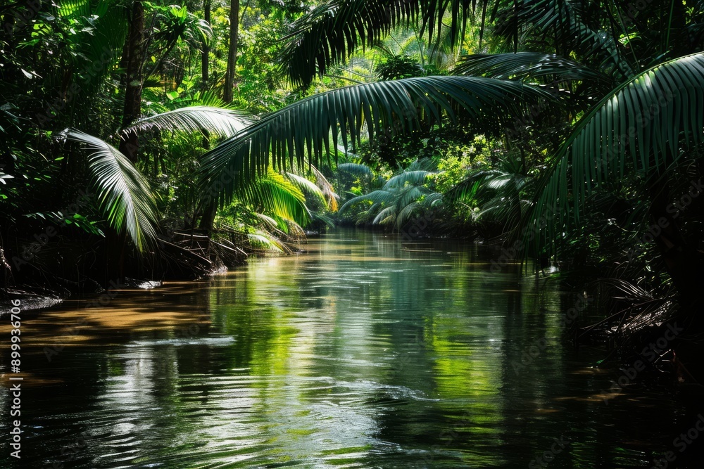 A river can be seen as it runs through a dense and vibrant forest, creating a dynamic and captivating view, River passing under the shadowy canopy of a rainforest, AI Generated A river can be seen as it runs through a dense and vibrant forest, creating a dynamic and captivating view, River passing under the shadowy canopy of a rainforest, AI Generated