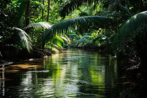 A river can be seen as it runs through a dense and vibrant forest, creating a dynamic and captivating view, River passing under the shadowy canopy of a rainforest, AI Generated