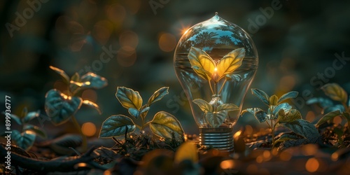 Exquisite display of green technology with a glowing plant encased in a lightbulb set in a lush forest, symbolizing the harmony between innovation and nature, conveying a message of sustainability. photo