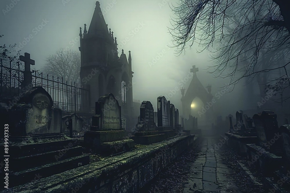 Obraz premium Fog descending on old cemetery with gothic mausoleum in background