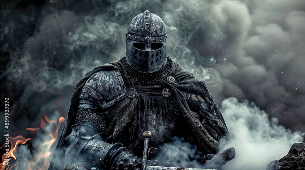 Dark crusader knight holding a sword in full medieval armor surrounded by the dark smoke and fire of battle, gothic fierce fantasy historical combat Dark crusader knight holding a sword in full medieval armor surrounded by the dark smoke and fire of battle, gothic fierce fantasy historical combat