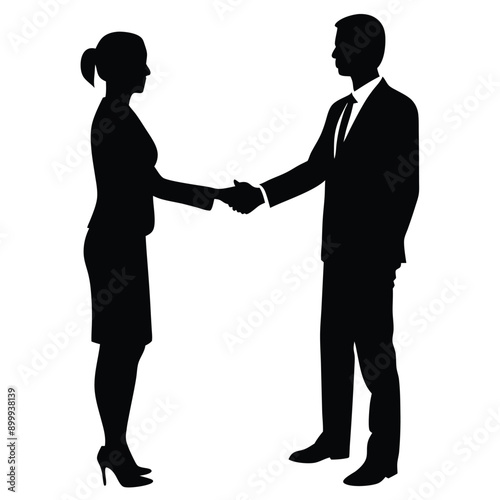 a business man and woman are hand shakeing, vector art illustration, flat style, isolated white background