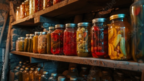 Assorted jars of pickled vegetables on wooden shelves in a rustic pantry, evoking a homely and traditional feel. Ideal for food storage and preservation themes. photo