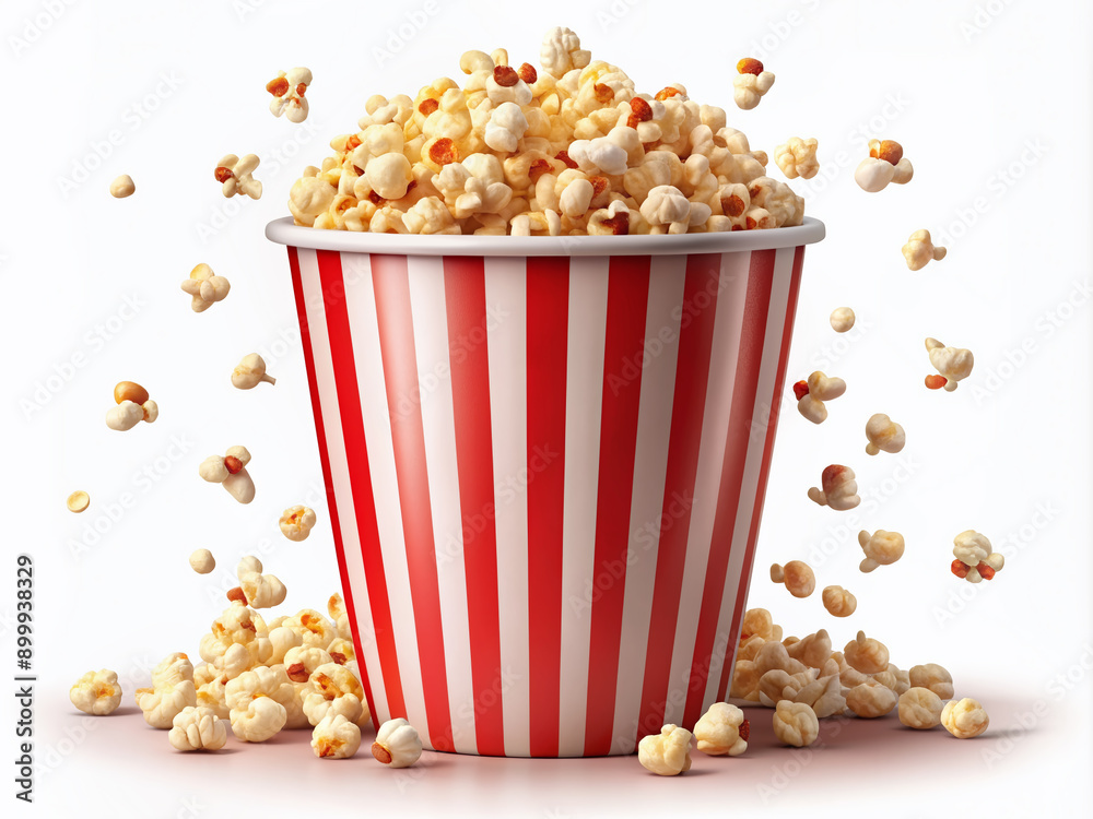 A realistic vector illustration of a red and white striped popcorn bucket overflowing with freshly popped corn kernels, perfect for snack or movie time scenes.