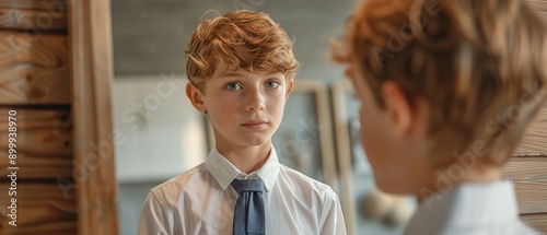 Photo realistic image of a student adjusting their tie in a mirror, preparing for the first day of school in their new uniform
