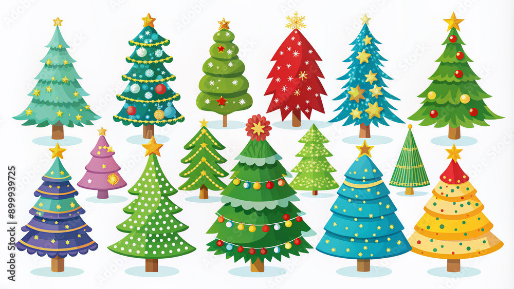 Vibrant collection of assorted Christmas trees in various shapes and sizes showcased in a colorful flat cartoon style vector illustration. Vibrant collection of assorted Christmas trees in various shapes and sizes showcased in a colorful flat cartoon style vector illustration.