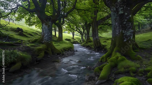 A forest with ancient trees and a meandering river