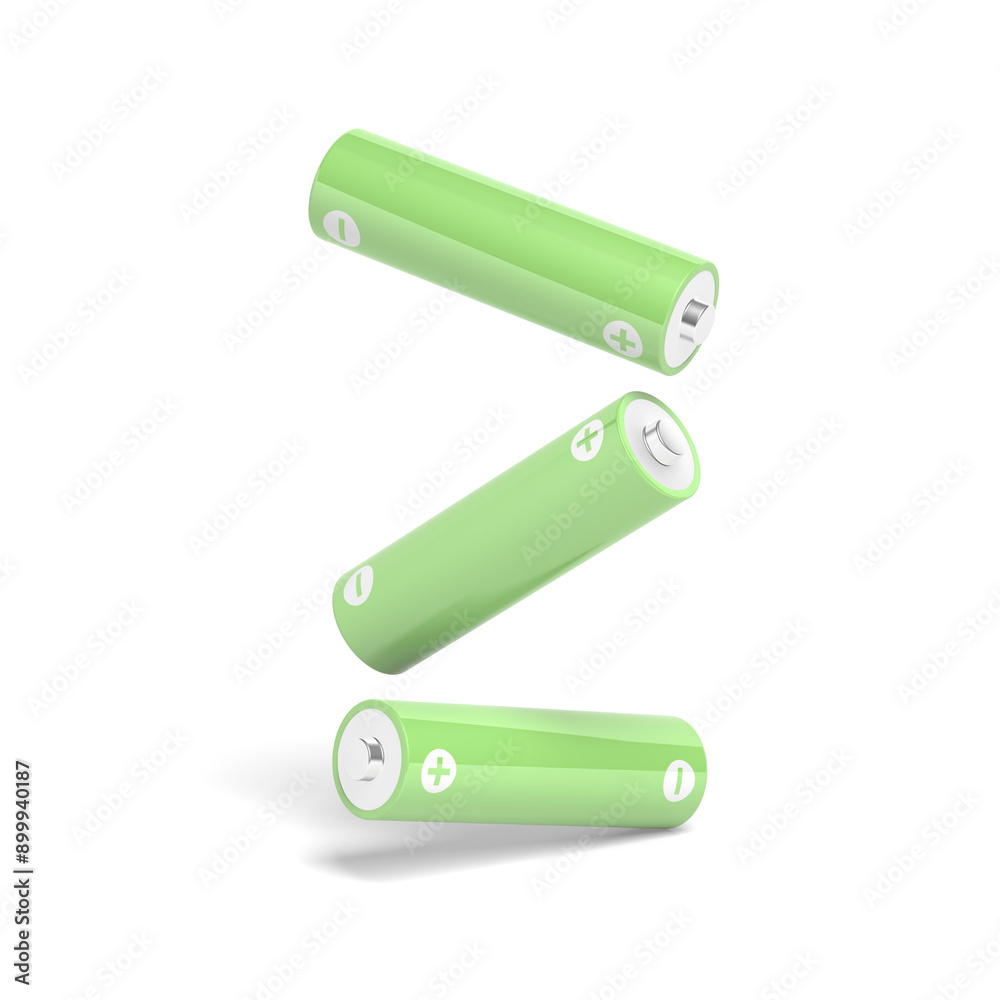 Three AA batteries isolated on white background. Green color. 3d illustration. Three AA batteries isolated on white background. Green color. 3d illustration.
