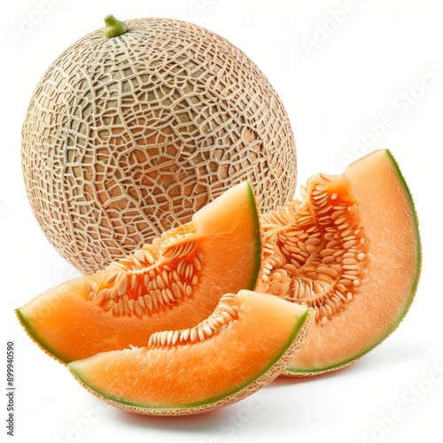 Medium shot of whole Crenshaw Melon near the sliced piece of Crenshaw Melon, isolated on a white background  photo