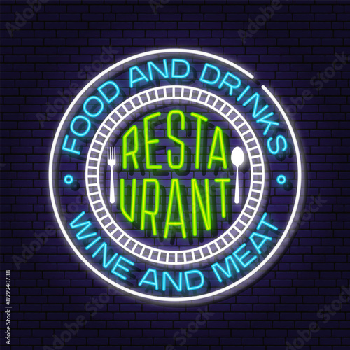 Restaurant neon sign on brick wall. Vector. Neon glowing sign with empty plate. Cooking, cuisine logo for menu restaurant or cafe.