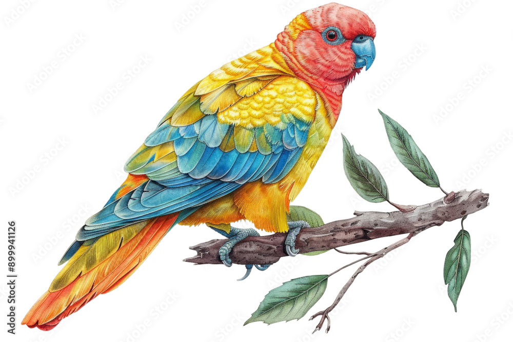 Fototapeta premium Vibrant Parrot Illustration on Branch Nature, Tropical, Exotic, Wildlife, Art Print Design