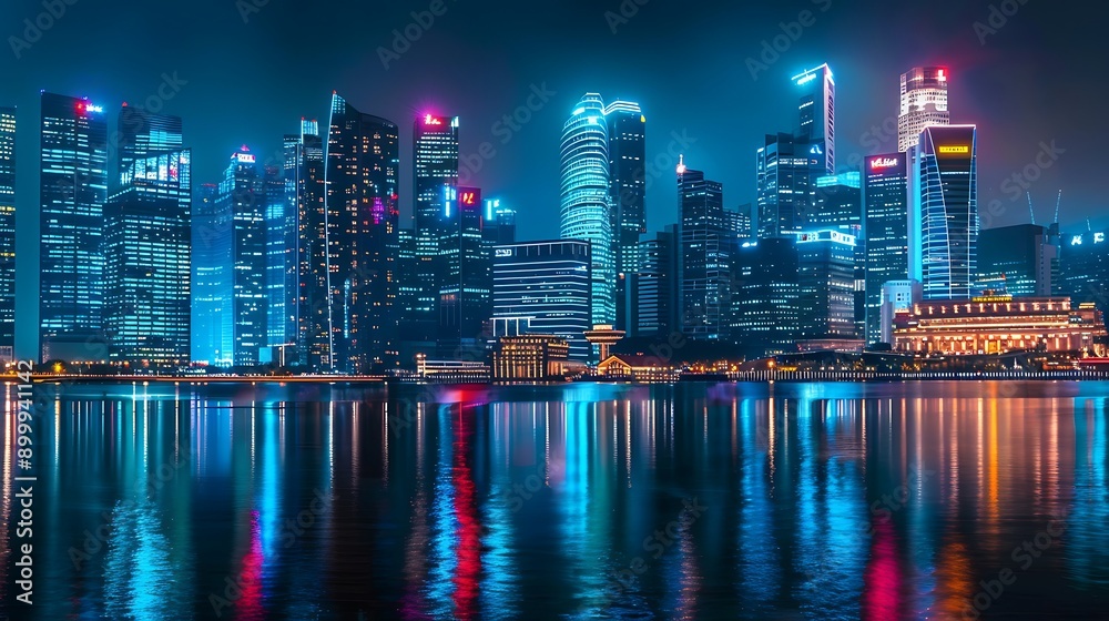 A skyline of skyscrapers with flashing lights A skyline of skyscrapers with flashing lights