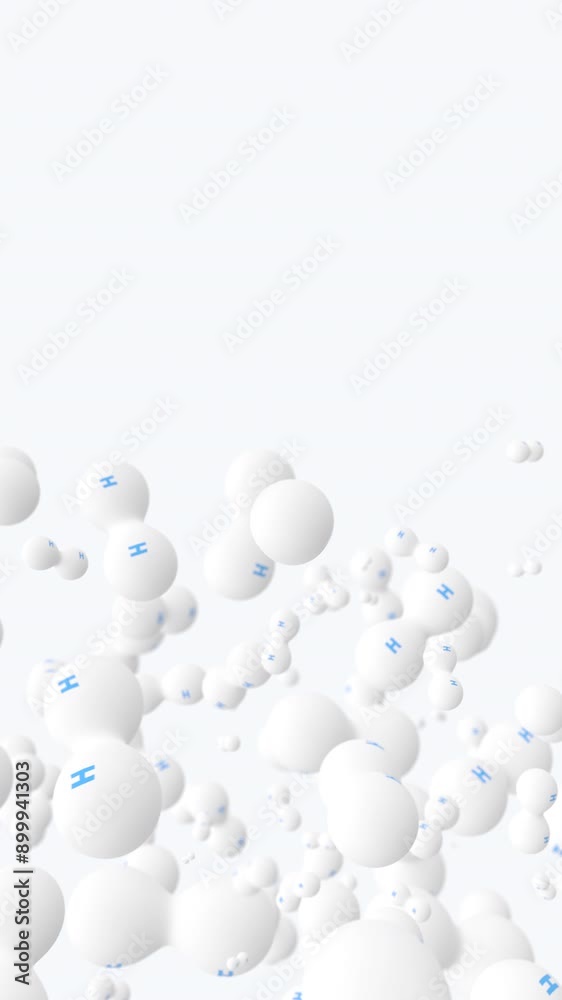 White Hydrogen molecules spin on white backdrop. Loopable animation of H2 molecules float in air. Green hydrogen concept. Vertical video