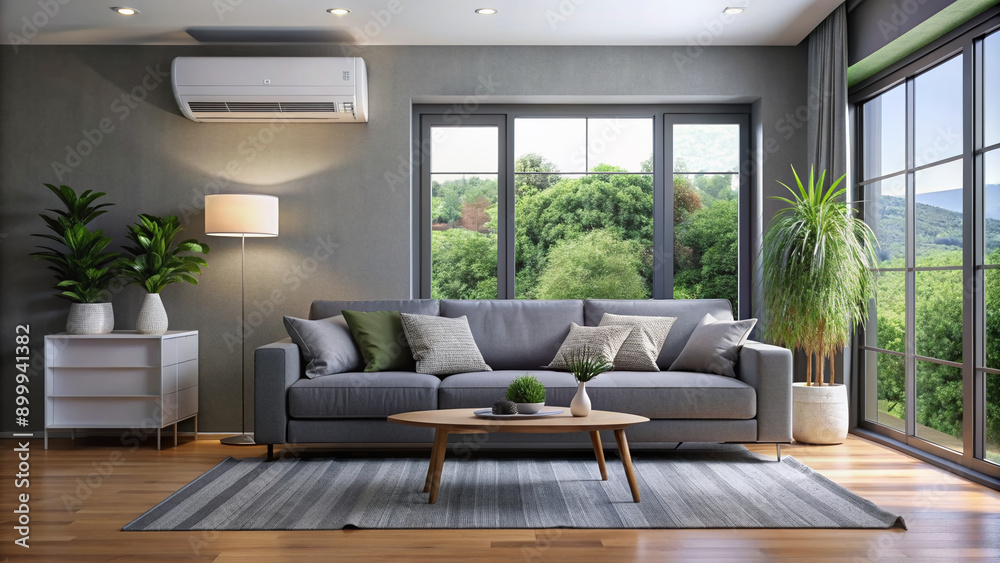 Obraz premium Cozy modern living room with comfortable gray couch, sleek air conditioner, and large window letting in natural light, creating a relaxing ambiance.