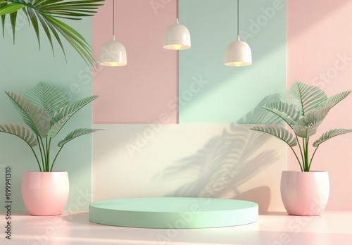 Elegant 3D pastel podium scene for product display presentation 3D Rendering illustration design with abstract geometric minimalist wall art background mockup. 3D Rendering Mock up photo