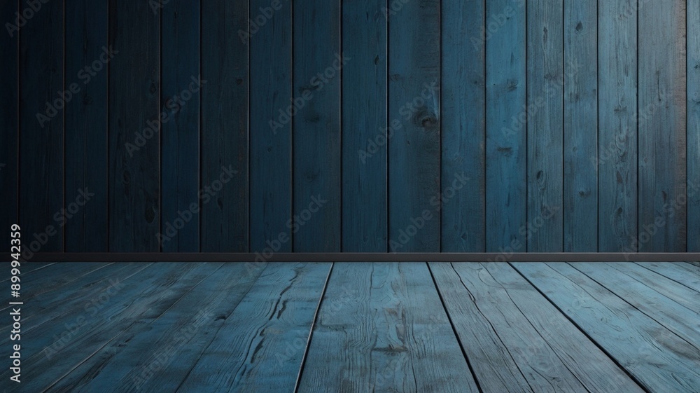 Naklejka premium Banner featuring a minimalist, seamless HD quality wallpaper showcasing a blue wooden floor with a subtle, dusty texture. The design includes ample copyspace, providing a clean, modern backdrop for va