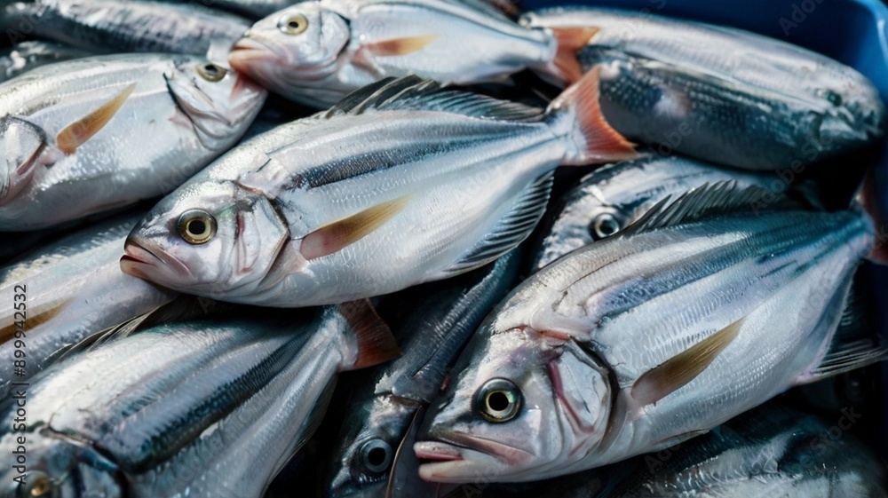 Fototapeta premium Specializing in the wholesale sea fish industry, we provide a comprehensive range of frozen seafood products. Our business focuses on the import and export of high-quality fish to distributors and ret