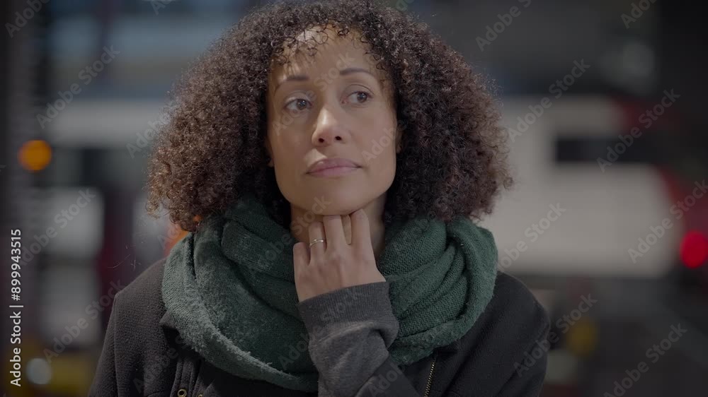 A pensive woman in a green scarf is lost in thought, looking up in a modern city setting A pensive woman in a green scarf is lost in thought, looking up in a modern city setting