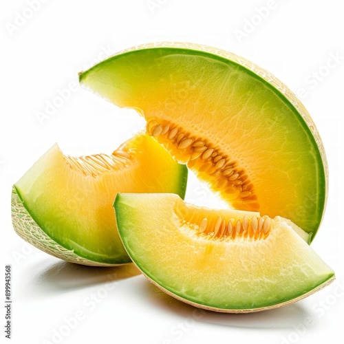 Medium shot of whole Crenshaw Melon near the sliced piece of Crenshaw Melon, isolated on a white background  photo